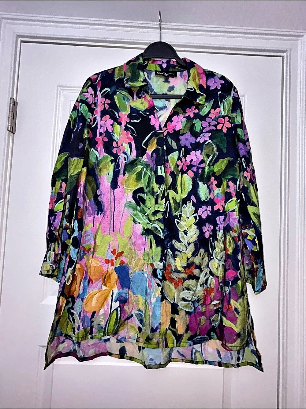 Claire Desjardins Watercolor Floral Print Long Sleeve Tunic Blouse Shirt Top